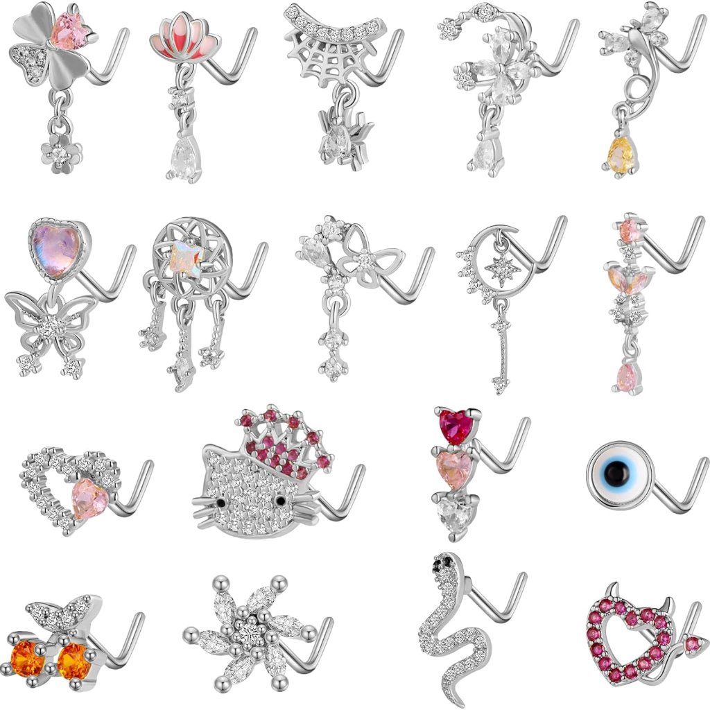 18pcs Nose Rings - L Shape, Butterfly & Heart Designs - Gold Nose Studs For Wome